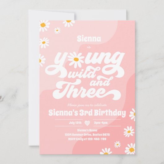 Young Wild and Three Birthday Party Boho Daisy Einladung (Vorderseite)