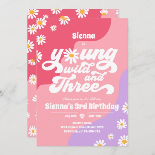 Young Wild and Three Birthday Party Boho Daisy Einladung (Vorne/Hinten)