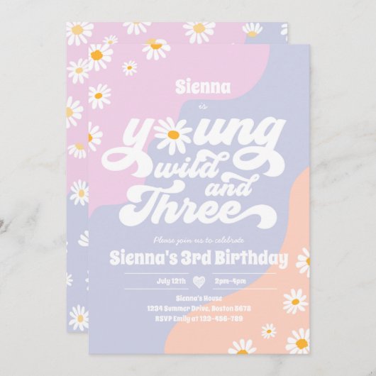 Young Wild and Three Birthday Party Boho Daisy Einladung (Vorne/Hinten)