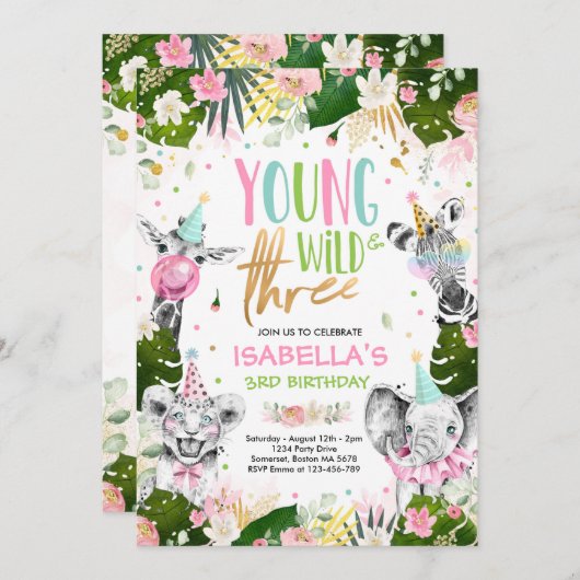 Young Wild and Three Birthday Safari Animals Party Einladung (Vorne/Hinten)