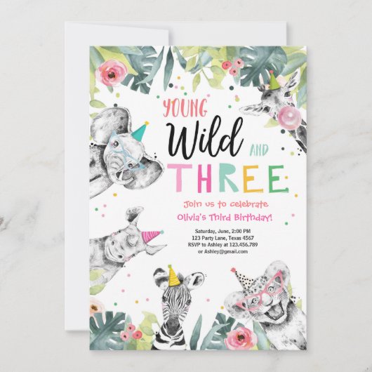 Young Wild and Three Birthday Safari Girl Animals Einladung (Vorderseite)