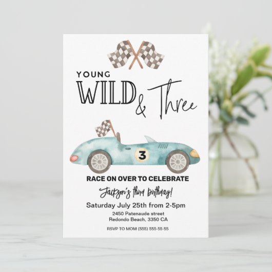 Young Wild and THREE Blue Race car 3rd birthday Einladung (Stehend Vorderseite)