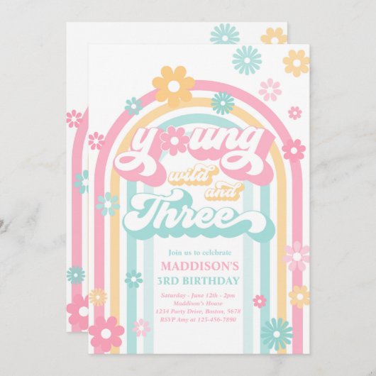 Young Wild and Three Boho Daisy Rainbow Birthday Einladung (Vorne/Hinten)