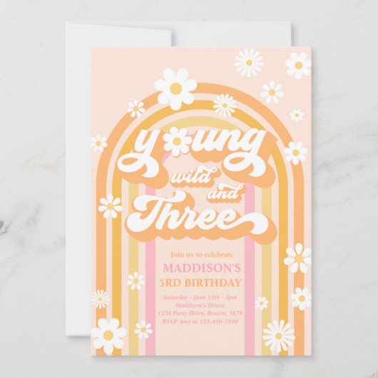 Young Wild and Three Boho Daisy Rainbow Birthday Einladung (Vorderseite)