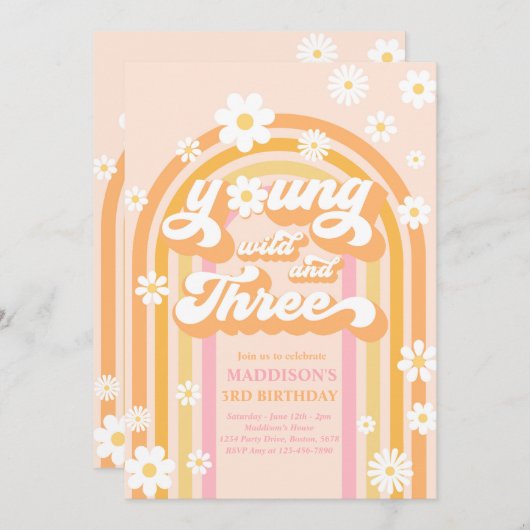 Young Wild and Three Boho Daisy Rainbow Birthday Einladung (Vorne/Hinten)