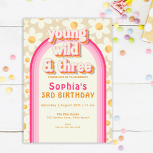 Young Wild and Three Boho Daisy Rainbow Birthday I Einladung
