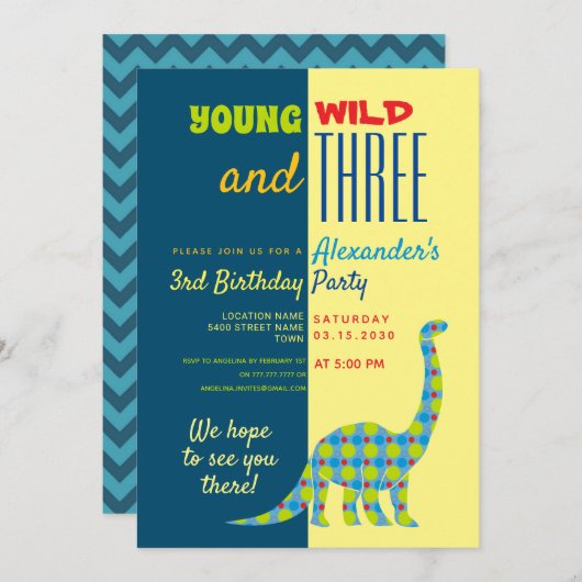 Young Wild and Three Dinosaur 3. Geburtstag Einladung (Vorne/Hinten)