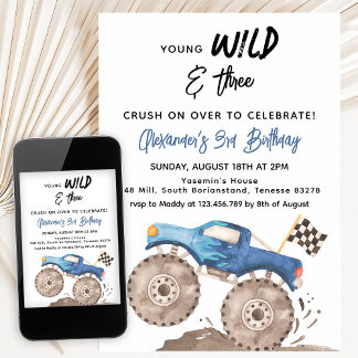 Young Wild and Three Geburtstag Blau Monstertruck Einladung