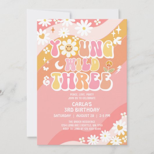 Young Wild and Three Groovy Pink Peach Birthday Einladung (Vorderseite)