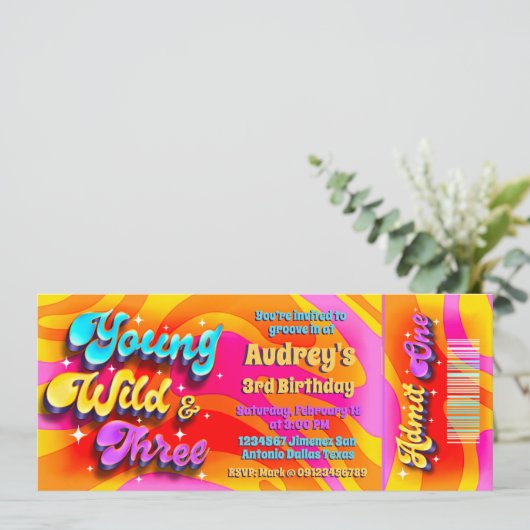 Young Wild and Three - Groovy Ticket Einladung (Stehend Vorderseite)