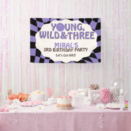 Young Wild and Three Lavender Retro 3rd Birthday Banner