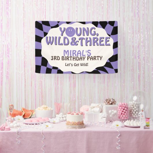 Young Wild and Three Lavender Retro 3rd Birthday Banner (Party)