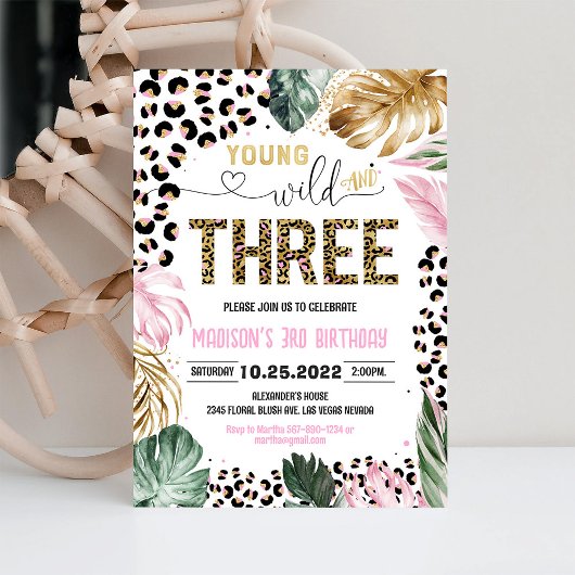 Young Wild and Three Leopard Print Jungle Geburtst Einladung