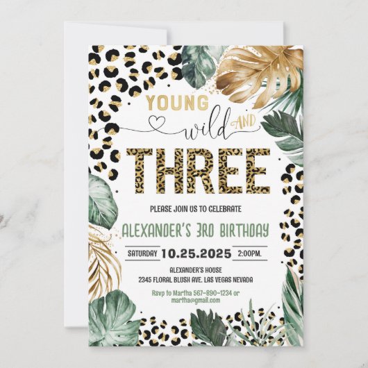 Young Wild and Three Leopard Print Jungle Geburtst Einladung (Vorderseite)