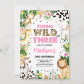 Young Wild and Three Leopard Print Safari Geburtst Einladung (Vorderseite)