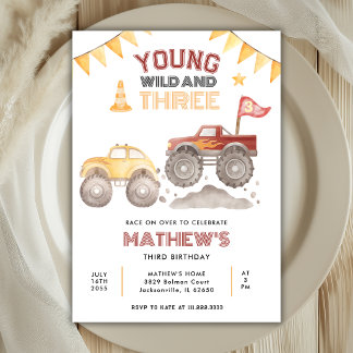 Young Wild And Three Monster Truck 3. Geburtstag Einladung
