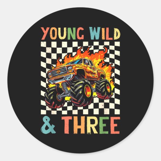 Young Wild And Three Monster Truck 3rd Birthday 3y Runder Aufkleber (Vorderseite)