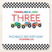Young Wild and Three Monster Truck Boy Birthday Rechteckiger Pappuntersetzer (Vorderseite)