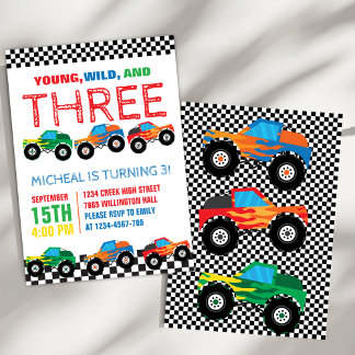 Young Wild and Three Monster Truck Boys Geburtstag Einladung
