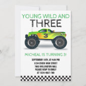Young Wild and Three Monster Truck Dritter Geburts Einladung (Vorderseite)
