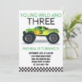 Young Wild and Three Monster Truck Dritter Geburts Einladung (Stehend Vorderseite)