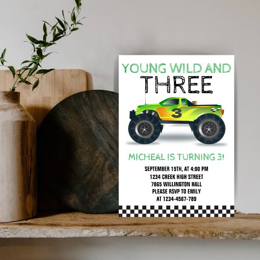 Young Wild and Three Monster Truck Dritter Geburts Einladung