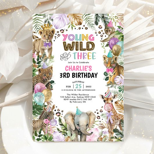 Young Wild and Three Party Animals Girl zum Geburt Einladung