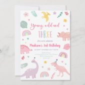 Young Wild and Three Pink Dinosaur Birthday Einladung (Vorderseite)