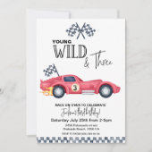 YOUNG Wild and Three Red Race Car Birthday Einladung (Vorderseite)