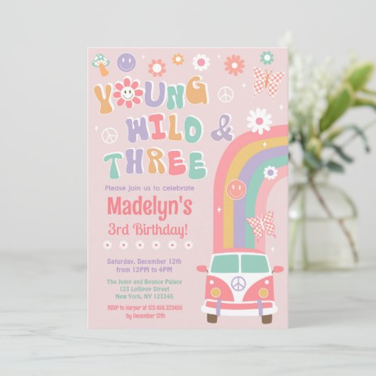 Young Wild and Three Retro Birthday Einladungen (Stehend Vorderseite)