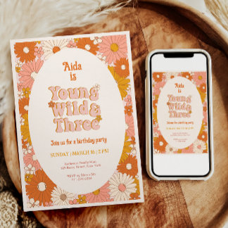 Young Wild and Three Retro Daisy 3. Geburtstag Einladung