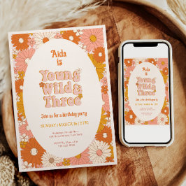 Young Wild and Three Retro Daisy 3. Geburtstag Einladung