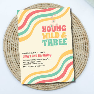 Young Wild and Three Retro Groovy 3. Geburtstag Einladung