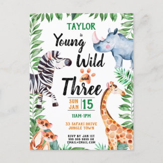 Young Wild and Three Safari Animal 3. Geburtstag Einladungspostkarte