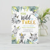 Young Wild and Three Safari Animals Boy zum Geburt Einladung (Stehend Vorderseite)