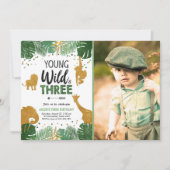 Young Wild and Three Safari Animals Boy zum Geburt Einladung (Vorderseite)