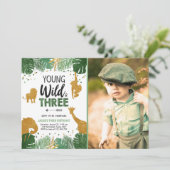 Young Wild and Three Safari Animals Boy zum Geburt Einladung (Stehend Vorderseite)