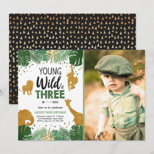 Young Wild and Three Safari Animals Boy zum Geburt Einladung