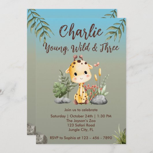 Young Wild and Three Safari Animals Giraffe 3. Einladung (Vorne/Hinten)