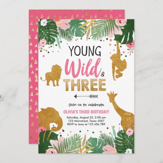 Young Wild and Three Safari Animals Girl zum Gebur Einladung (Vorne/Hinten)