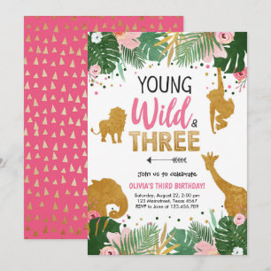 Young Wild and Three Safari Animals Girl zum Gebur Einladung