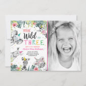 Young Wild and Three Safari Animals Girl zum Gebur Einladung (Vorderseite)