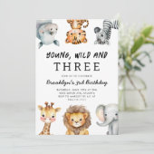 Young Wild and Three Safari Birthday Party Einladung (Stehend Vorderseite)
