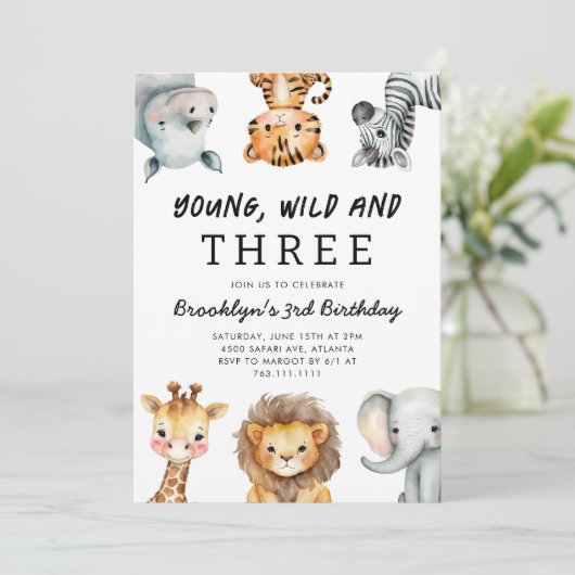 Young Wild and Three Safari Birthday Party Einladung (Stehend Vorderseite)