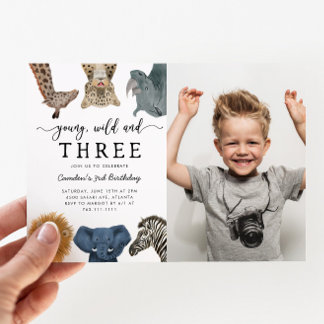 Young Wild and Three Safari Birthday Party Foto Einladung