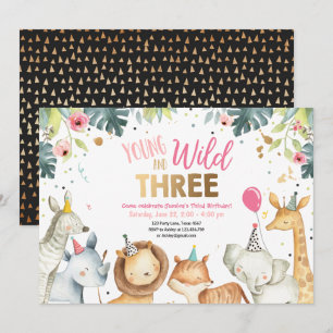 Young Wild and Three Safari Girl Animals Geburtsta Einladung