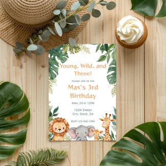 Young Wild and Three Safari Jungle Birthday Einladung