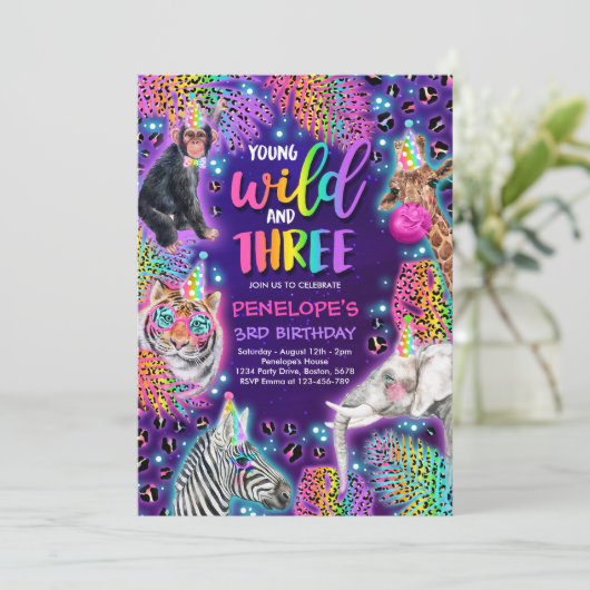 Young Wild and Three Safari Neon Cheetah Geburtsta Einladung (Stehend Vorderseite)