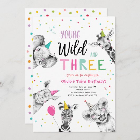 Young Wild and Three Safari Party Animals Geburtst Einladung (Vorne/Hinten)