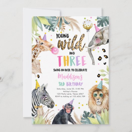 Young Wild and Three Safari Party Animals Geburtst Einladung (Vorderseite)